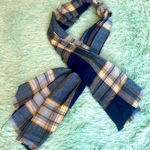 Atmosphere Blue Yellow Plaid Scarf Oversized fringe hem 74 x 29" gorgeous